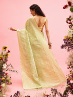 Green Linen Woven Thread Geomatric Saree with Unstitched Blouse - Hiral Fashion | Grocsy