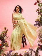 Green Linen Woven Thread Geomatric Saree with Unstitched Blouse - Hiral Fashion | Grocsy