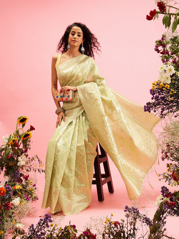Green Linen Woven Thread Geomatric Saree with Unstitched Blouse - Hiral Fashion | Grocsy