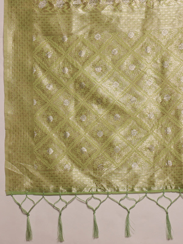 Green Linen Woven Thread Geomatric Saree with Unstitched Blouse - Hiral Fashion | Grocsy
