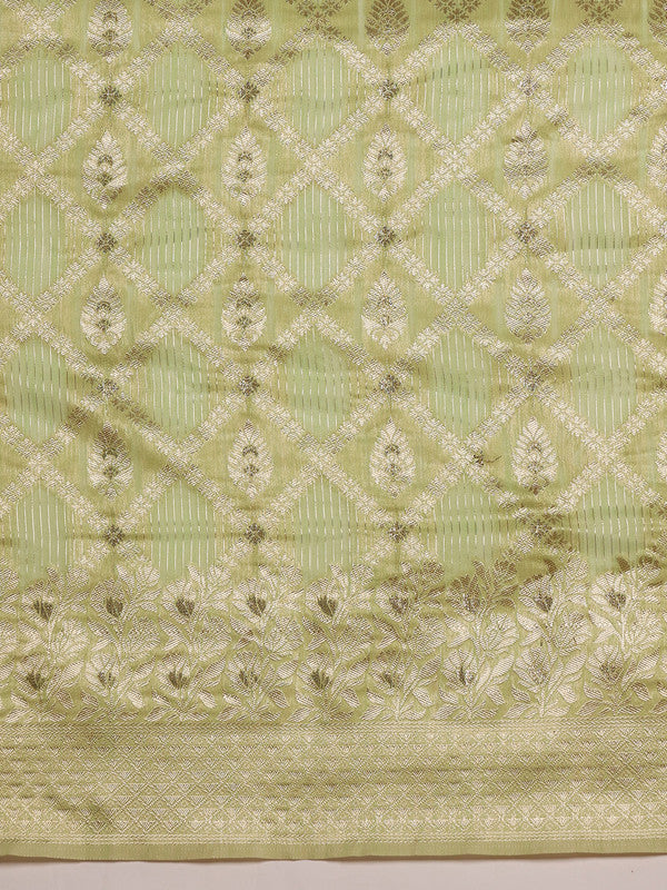 Green Linen Woven Thread Geomatric Saree with Unstitched Blouse - Hiral Fashion | Grocsy