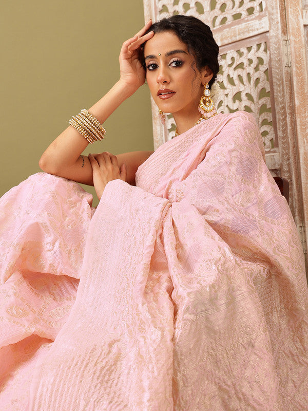 Light Pink Linen Woven Thread Geomatric Saree with Unstitched Blouse - Hiral Fashion | Grocsy