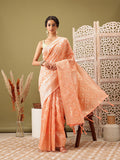 Peach Linen Woven Thread Geomatric Saree with Unstitched Blouse - Hiral Fashion | Grocsy