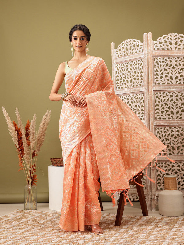 Peach Linen Woven Thread Geomatric Saree with Unstitched Blouse - Hiral Fashion | Grocsy