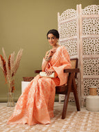 Peach Linen Woven Thread Geomatric Saree with Unstitched Blouse - Hiral Fashion | Grocsy
