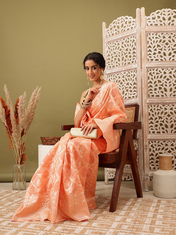 Peach Linen Woven Thread Geomatric Saree with Unstitched Blouse - Hiral Fashion | Grocsy