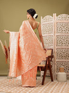Peach Linen Woven Thread Geomatric Saree with Unstitched Blouse - Hiral Fashion | Grocsy