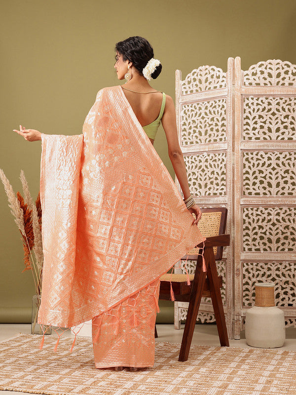 Peach Linen Woven Thread Geomatric Saree with Unstitched Blouse - Hiral Fashion | Grocsy
