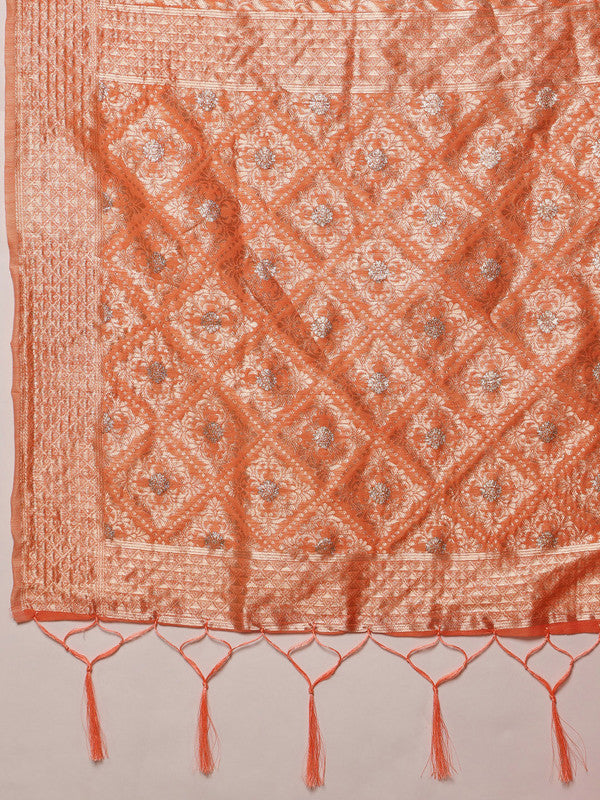 Peach Linen Woven Thread Geomatric Saree with Unstitched Blouse - Hiral Fashion | Grocsy