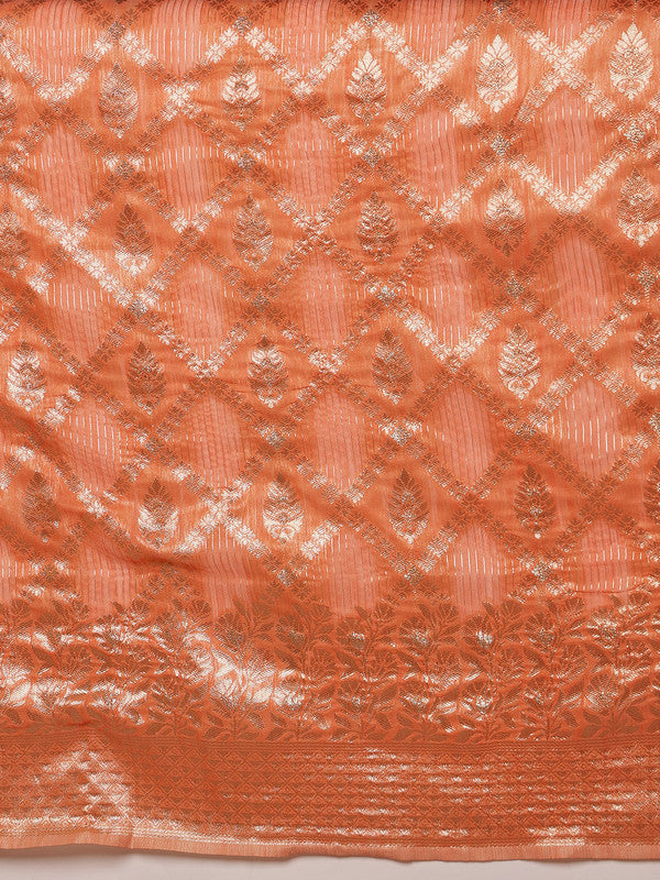 Peach Linen Woven Thread Geomatric Saree with Unstitched Blouse - Hiral Fashion | Grocsy