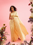 Yellow Linen Woven Thread Geomatric Saree with Unstitched Blouse - Hiral Fashion | Grocsy