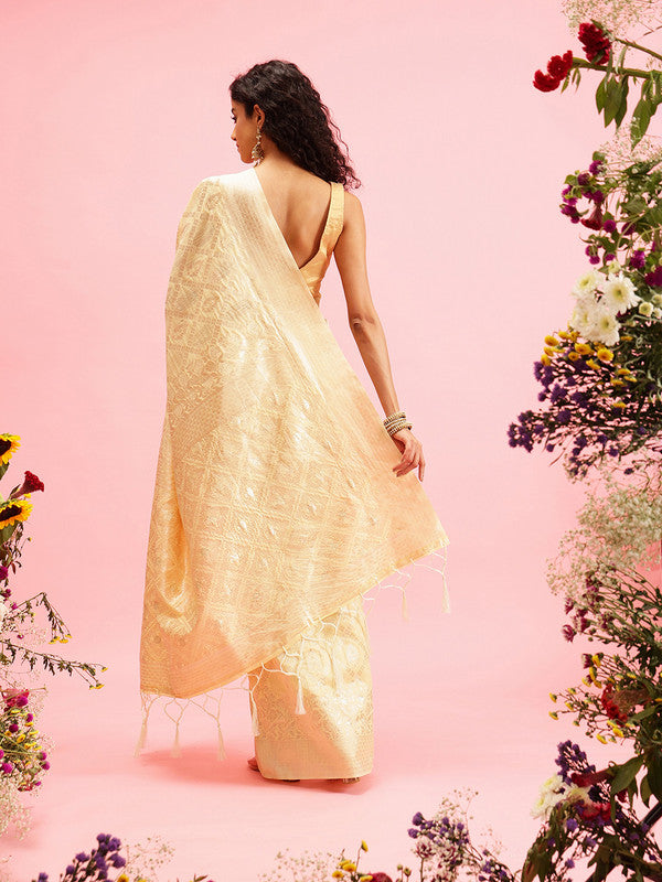 Yellow Linen Woven Thread Geomatric Saree with Unstitched Blouse - Hiral Fashion | Grocsy