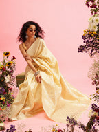 Yellow Linen Woven Thread Geomatric Saree with Unstitched Blouse - Hiral Fashion | Grocsy