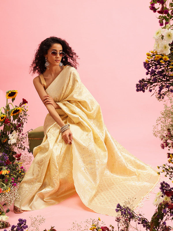 Yellow Linen Woven Thread Geomatric Saree with Unstitched Blouse - Hiral Fashion | Grocsy