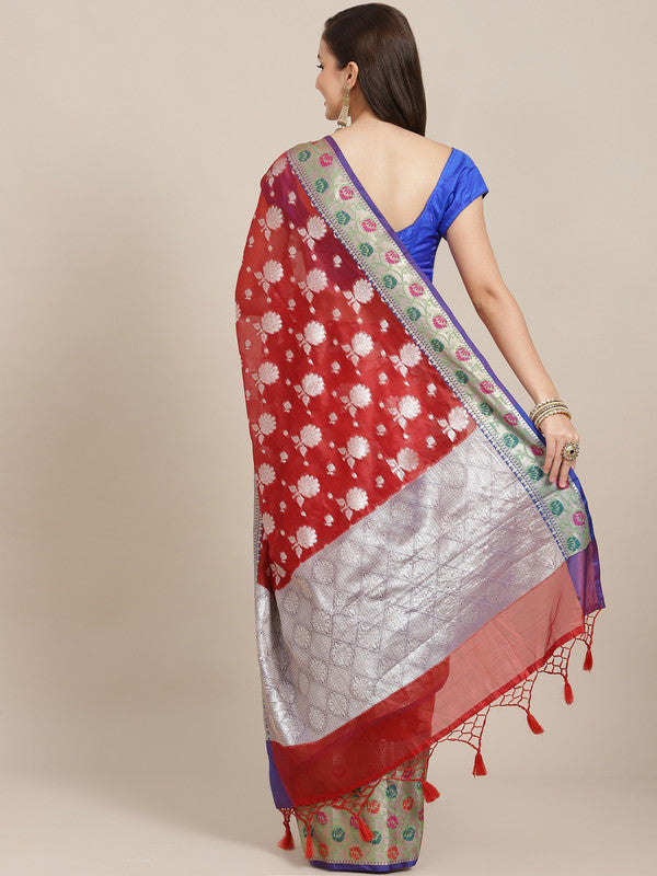 Red Art Silk Woven Zari Design Floral Saree with Unstitched Blouse - Hiral Fashion | Grocsy