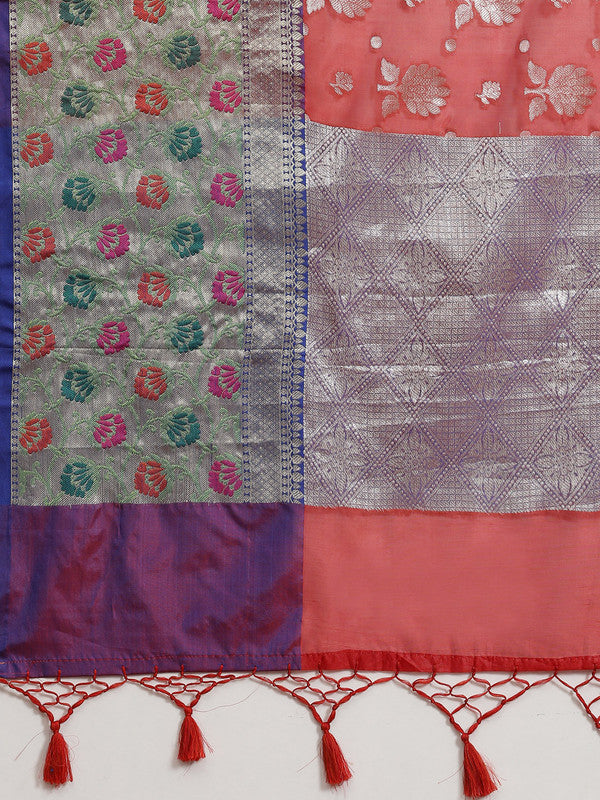 Red Art Silk Woven Zari Design Floral Saree with Unstitched Blouse - Hiral Fashion | Grocsy