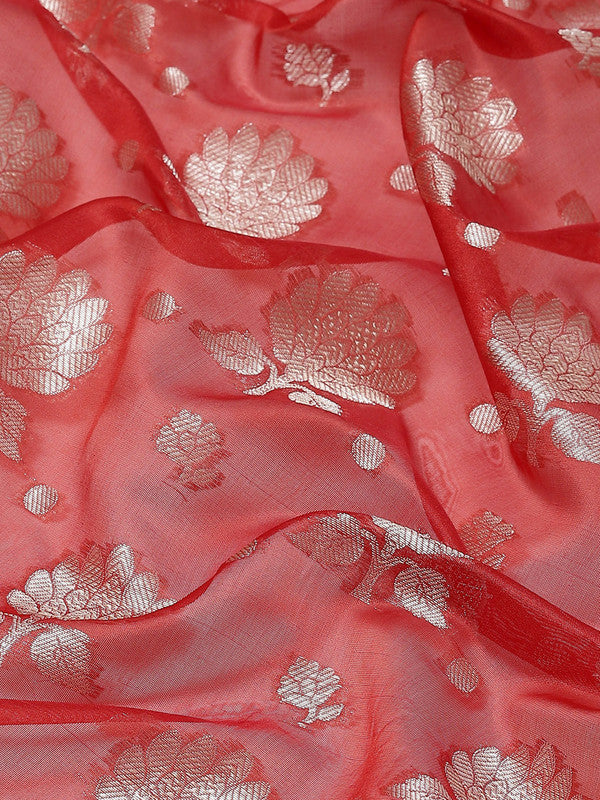 Red Art Silk Woven Zari Design Floral Saree with Unstitched Blouse - Hiral Fashion | Grocsy