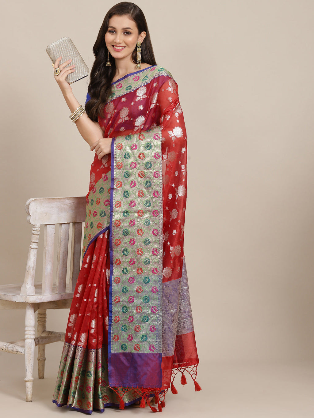 Red Art Silk Woven Zari Design Floral Saree with Unstitched Blouse - Hiral Fashion | Grocsy