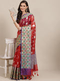Red Art Silk Woven Zari Design Floral Saree with Unstitched Blouse - Hiral Fashion | Grocsy