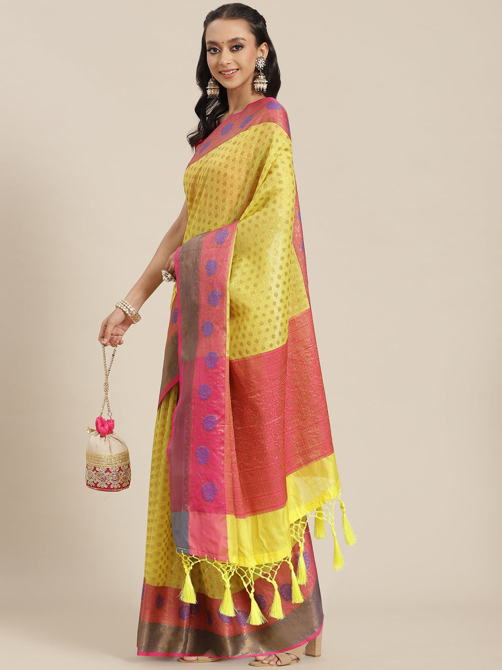 Hiral Fashion Yellow Kanjeevaram Art Silk Woven Design Saree | Grocsy