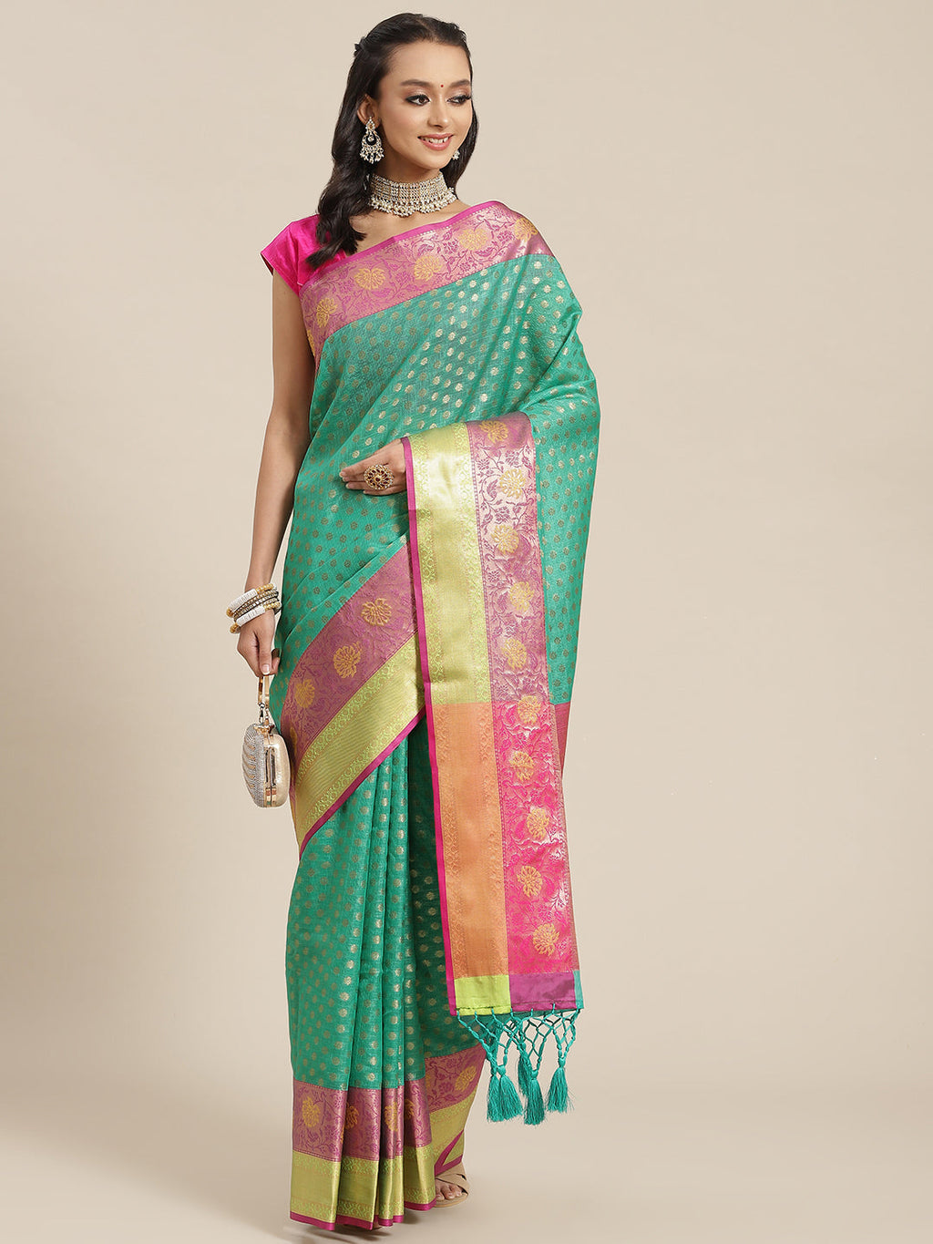 Hiral Fashion Green Kanjeevaram Art Silk Woven Design Saree | Grocsy