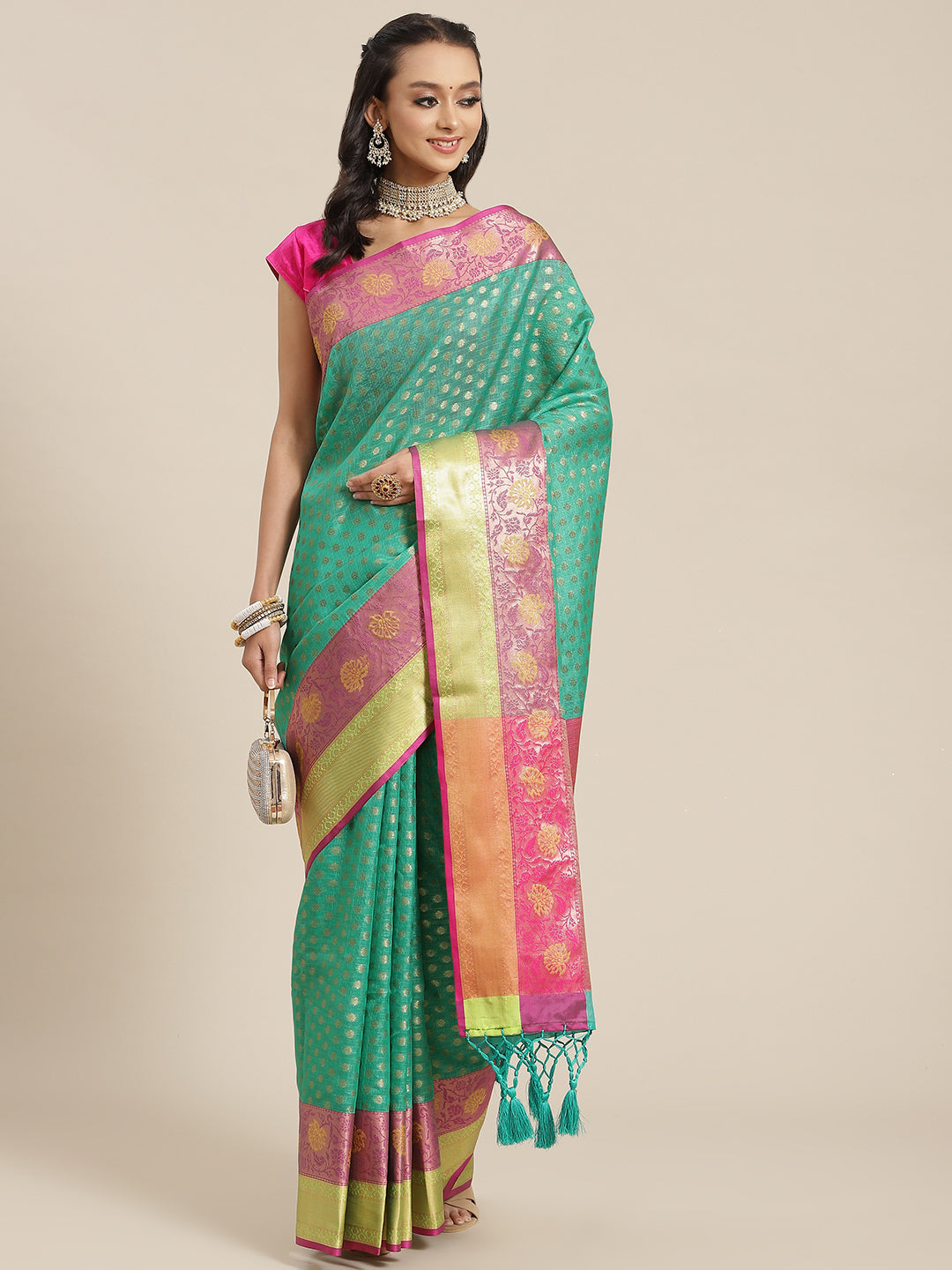 Hiral Fashion Green Kanjeevaram Art Silk Woven Design Saree | Grocsy