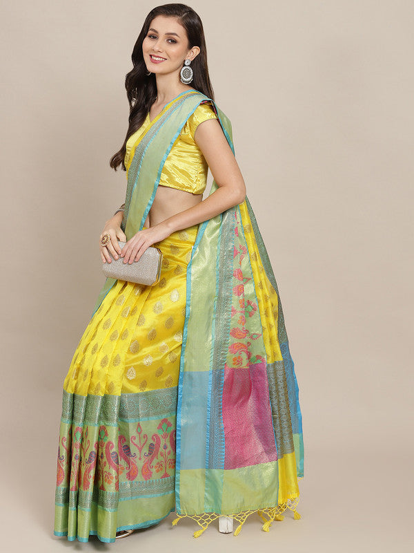 Yellow Art Silk Woven Zari Design Ethnic Motifs Saree with Unstitched Blouse - Hiral Fashion | Grocsy