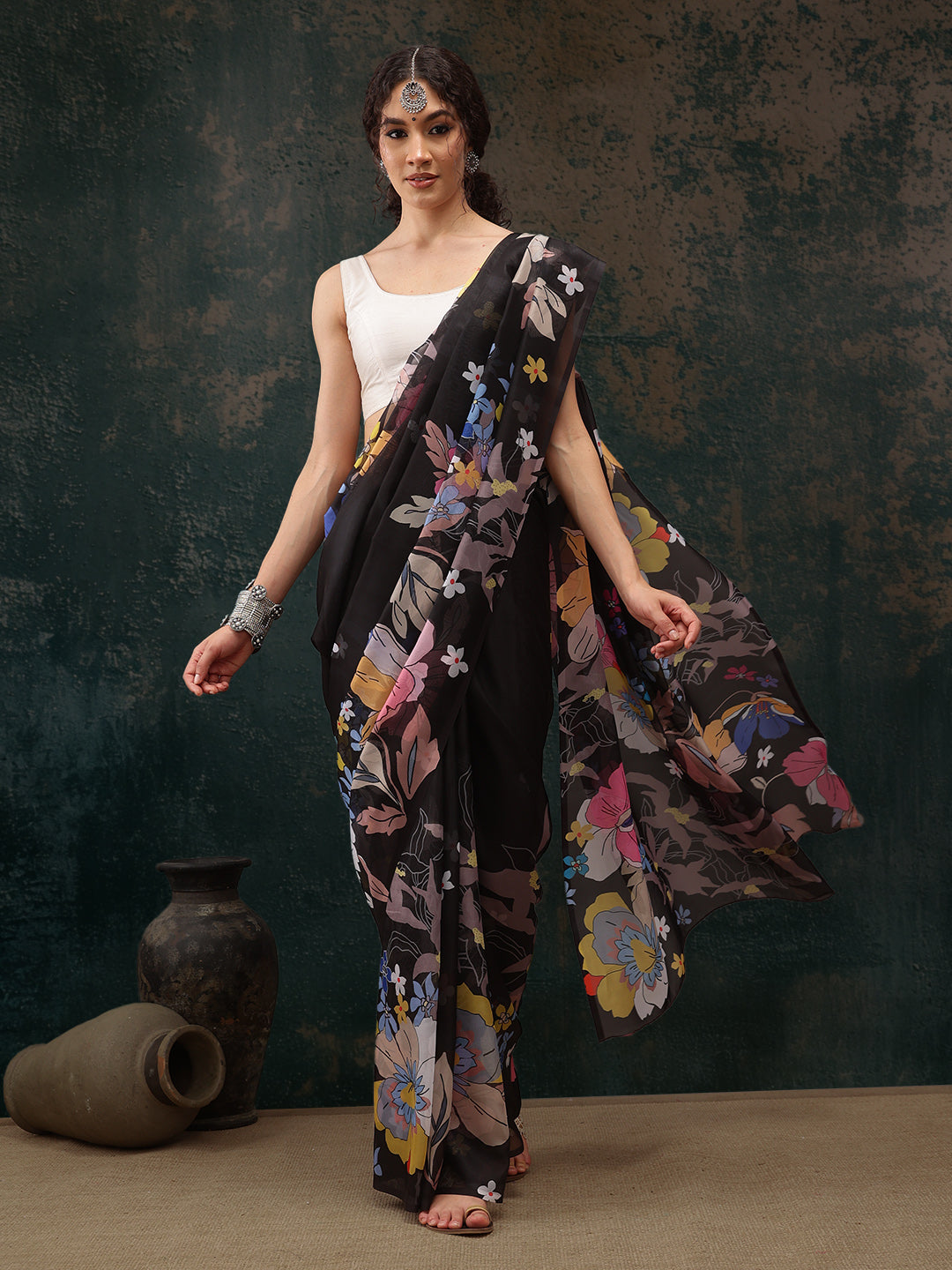 Black Polyester Digital Print Floral Saree with Unstitched Blouse - Hiral Fashion | Grocsy
