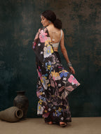 Black Polyester Digital Print Floral Saree with Unstitched Blouse - Hiral Fashion | Grocsy