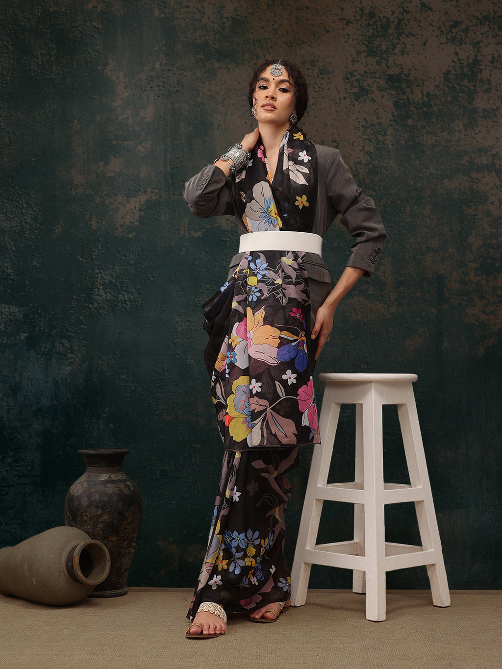 Black Polyester Digital Print Floral Saree with Unstitched Blouse - Hiral Fashion | Grocsy