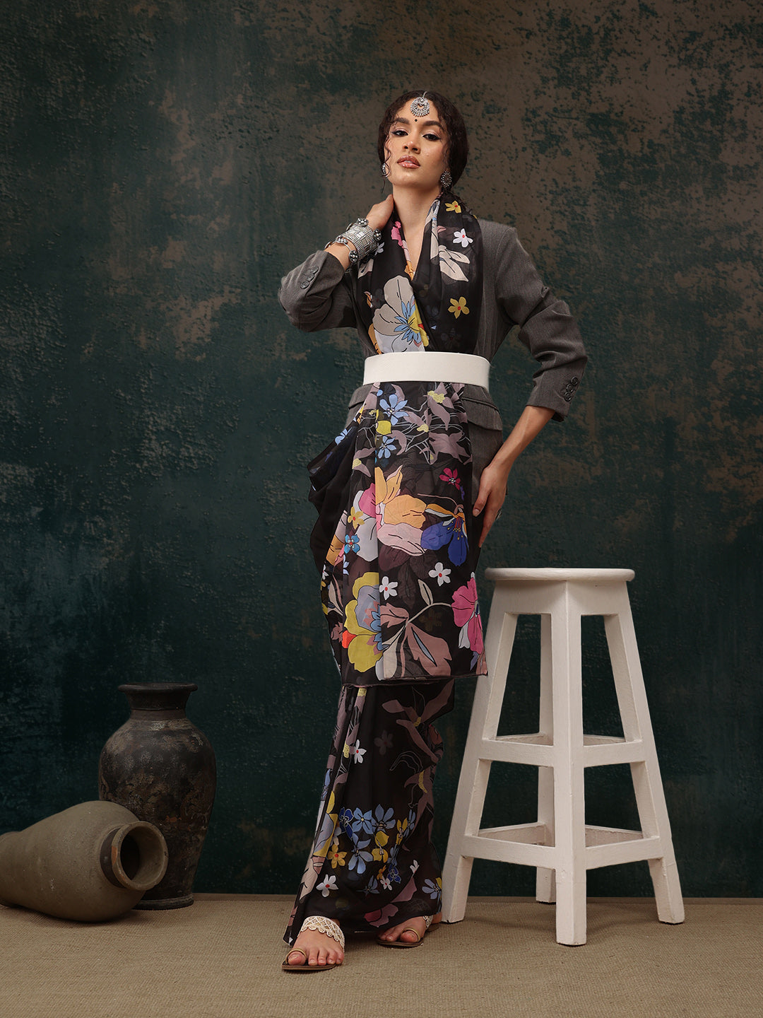 Black Polyester Digital Print Floral Saree with Unstitched Blouse - Hiral Fashion | Grocsy