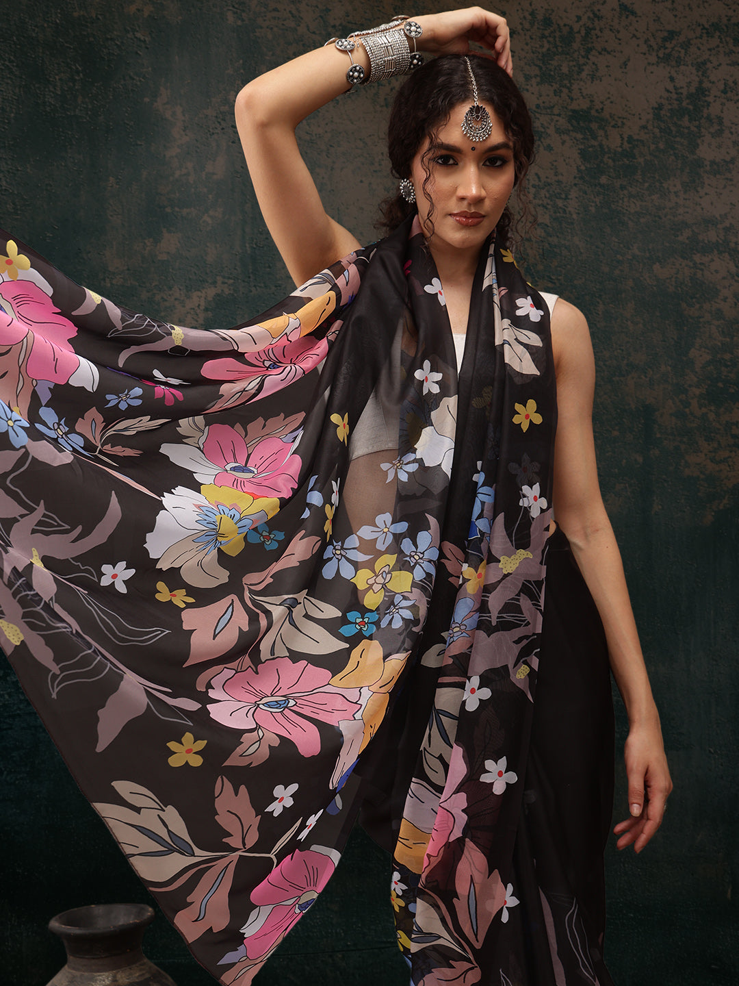 Black Polyester Digital Print Floral Saree with Unstitched Blouse - Hiral Fashion | Grocsy
