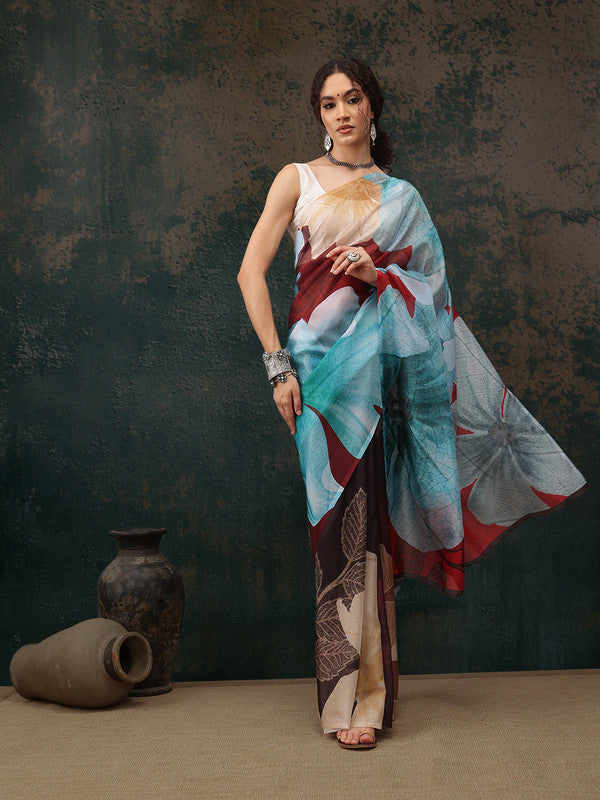 Brown Polyester Digital Print Floral Saree with Unstitched Blouse - Hiral Fashion | Grocsy