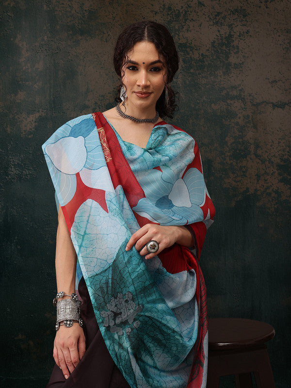 Brown Polyester Digital Print Floral Saree with Unstitched Blouse - Hiral Fashion | Grocsy