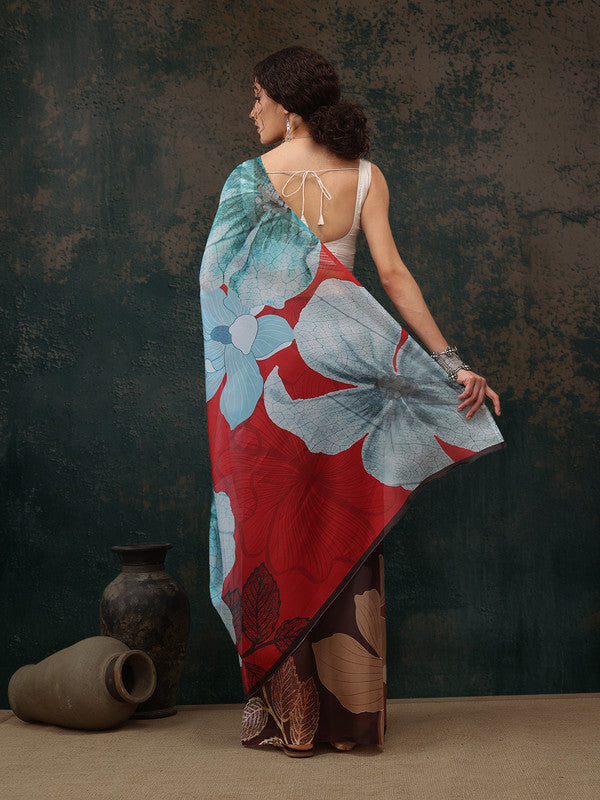 Brown Polyester Digital Print Floral Saree with Unstitched Blouse - Hiral Fashion | Grocsy