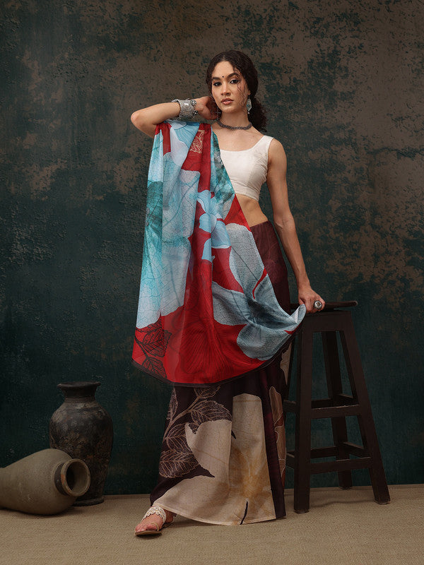 Brown Polyester Digital Print Floral Saree with Unstitched Blouse - Hiral Fashion | Grocsy