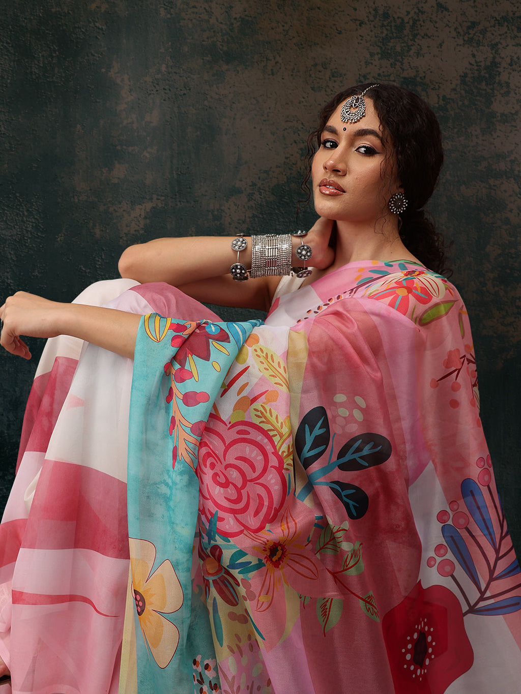 Multicolor Polyester Digital Print Floral Saree with Unstitched Blouse - Hiral Fashion | Grocsy