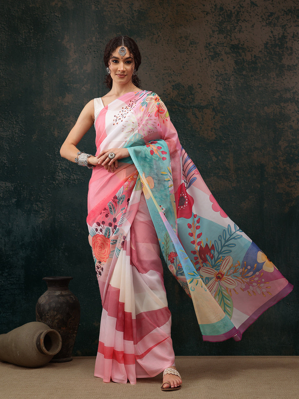 Multicolor Polyester Digital Print Floral Saree with Unstitched Blouse - Hiral Fashion | Grocsy