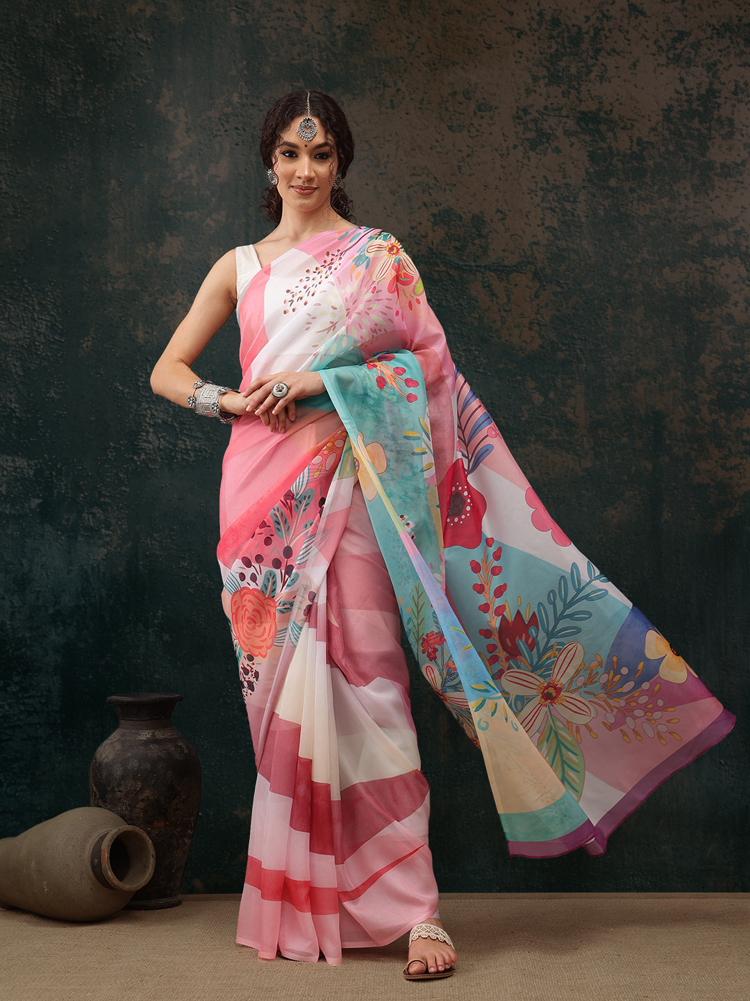 Multicolor Polyester Digital Print Floral Saree with Unstitched Blouse - Hiral Fashion | Grocsy