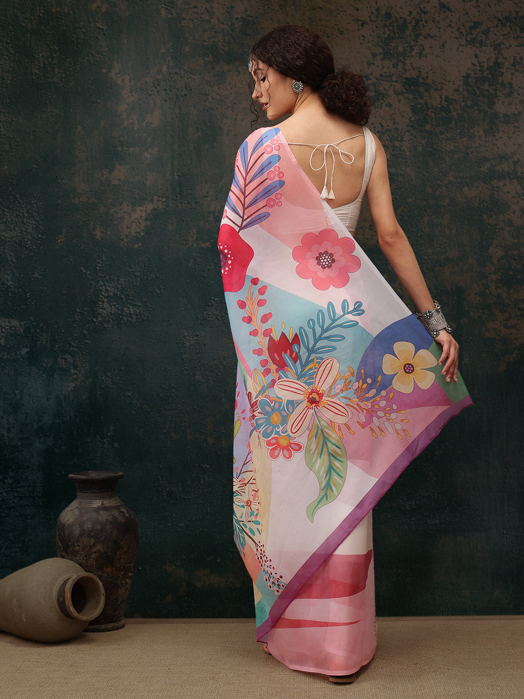 Multicolor Polyester Digital Print Floral Saree with Unstitched Blouse - Hiral Fashion | Grocsy