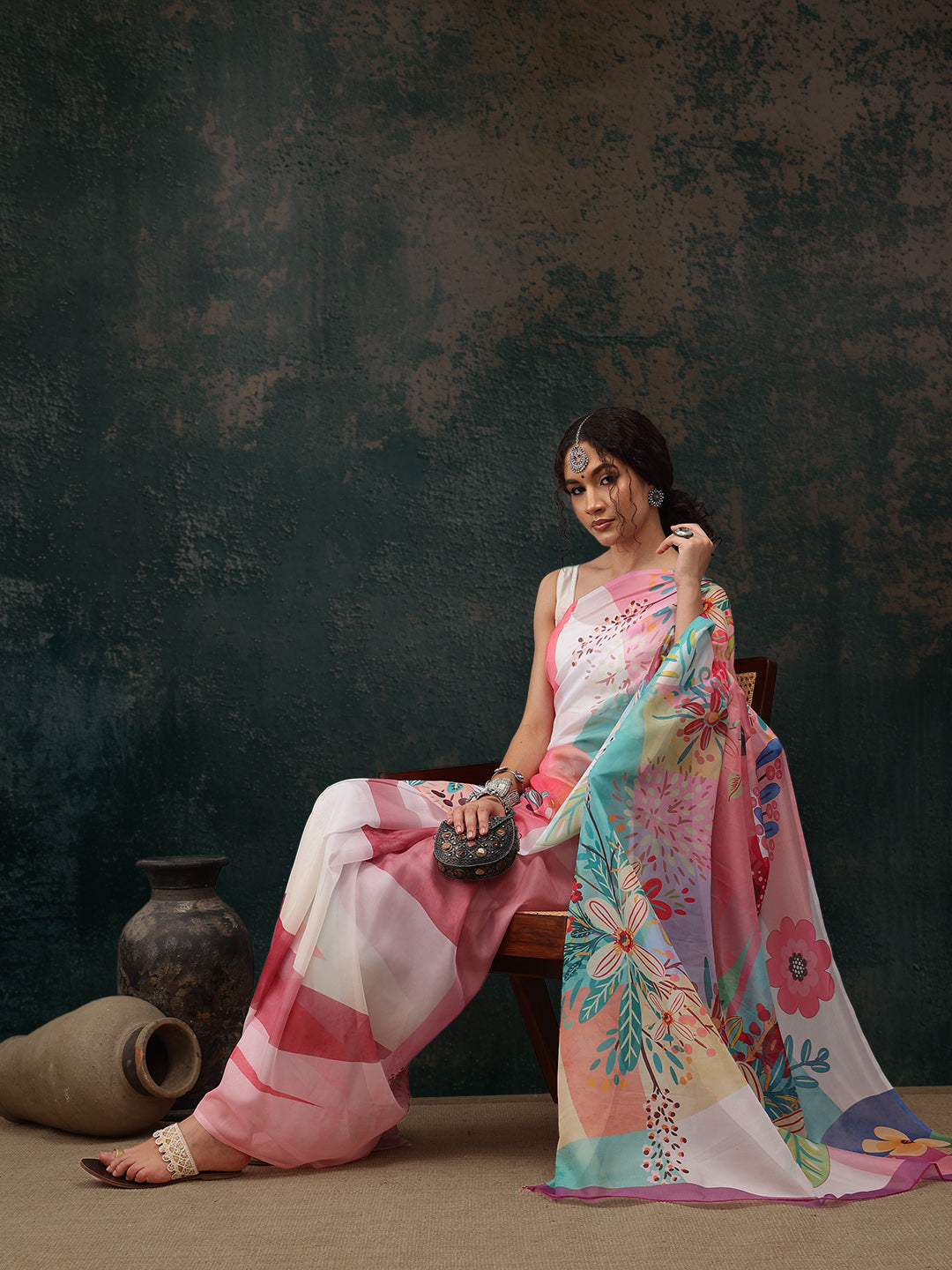 Multicolor Polyester Digital Print Floral Saree with Unstitched Blouse - Hiral Fashion | Grocsy