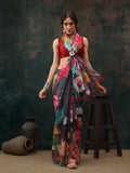 Gray Polyester Digital Print Floral Saree with Unstitched Blouse - Hiral Fashion | Grocsy
