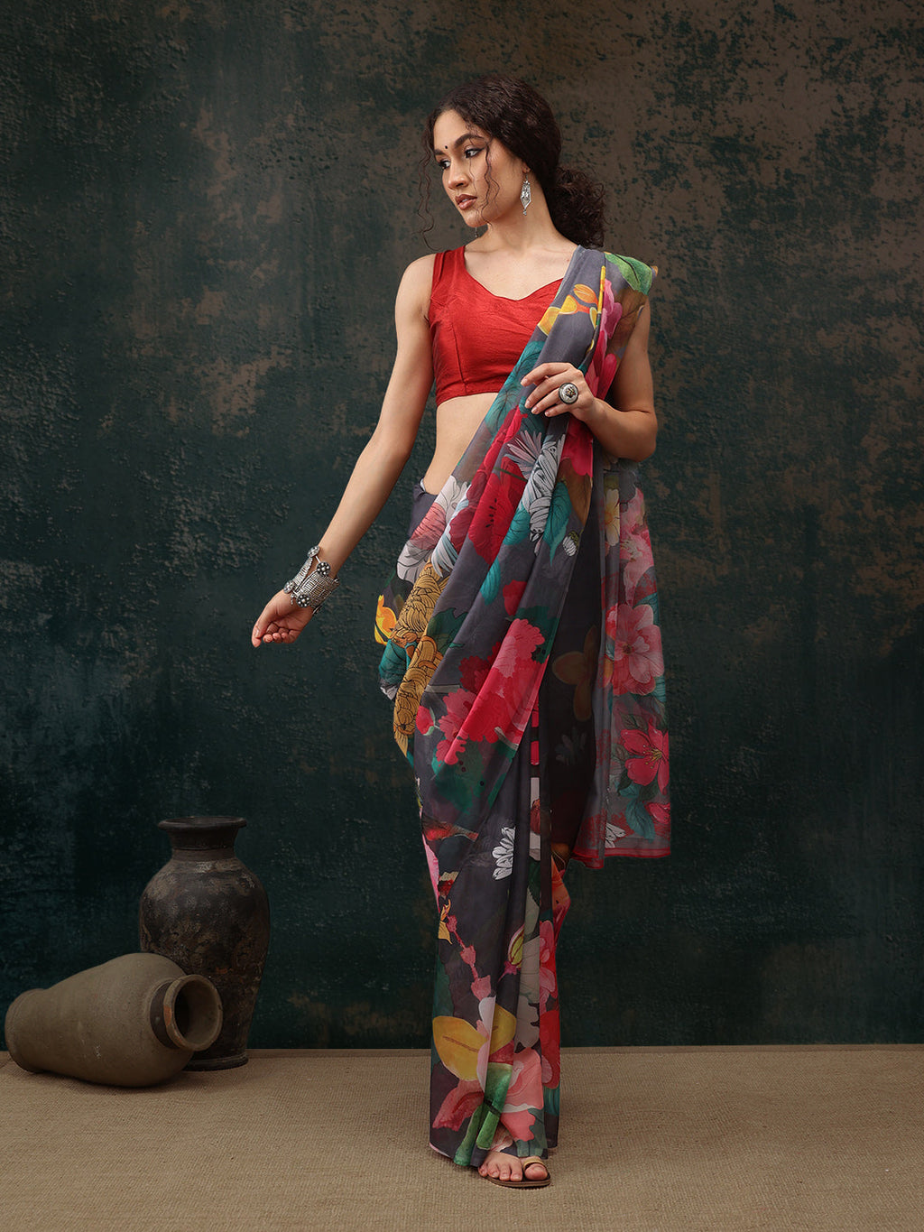 Gray Polyester Digital Print Floral Saree with Unstitched Blouse - Hiral Fashion | Grocsy