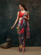 Gray Polyester Digital Print Floral Saree with Unstitched Blouse - Hiral Fashion | Grocsy