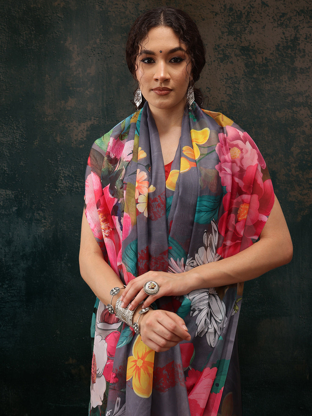 Gray Polyester Digital Print Floral Saree with Unstitched Blouse - Hiral Fashion | Grocsy