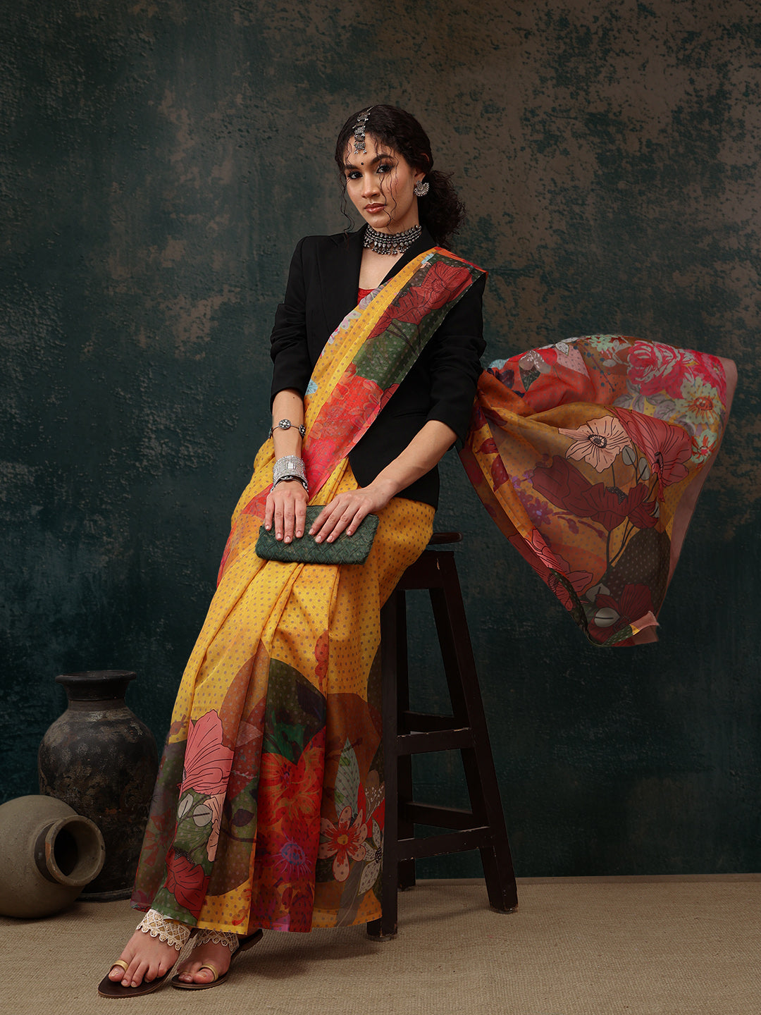 Mustard Polyester Digital Print Floral Saree with Unstitched Blouse - Hiral Fashion | Grocsy