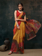Mustard Polyester Digital Print Floral Saree with Unstitched Blouse - Hiral Fashion | Grocsy