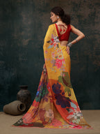 Mustard Polyester Digital Print Floral Saree with Unstitched Blouse - Hiral Fashion | Grocsy