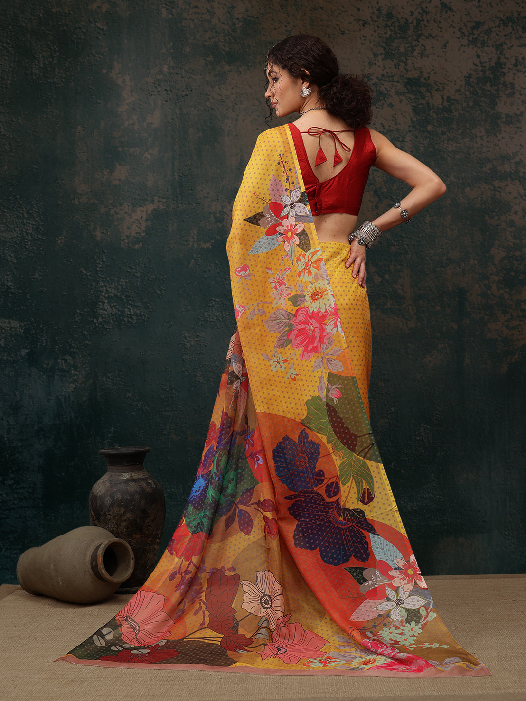 Mustard Polyester Digital Print Floral Saree with Unstitched Blouse - Hiral Fashion | Grocsy