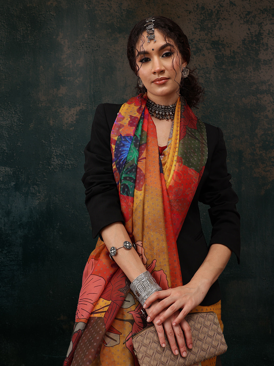 Mustard Polyester Digital Print Floral Saree with Unstitched Blouse - Hiral Fashion | Grocsy